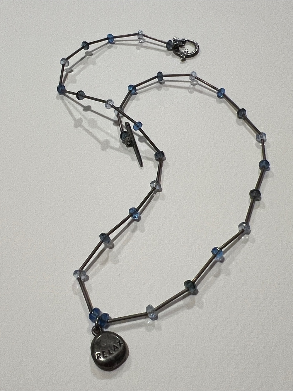 Sterling Silver Blue Bead Station Necklace with Native America Lizard Toggle